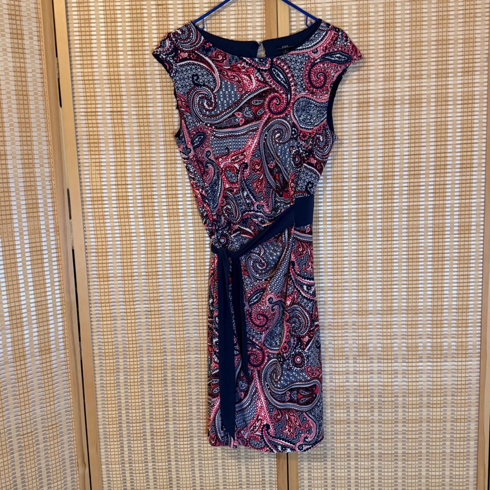 R&K Womens Navy Red Paisley Sleeveless Sheath Dress Side Tie Size L Bohemian